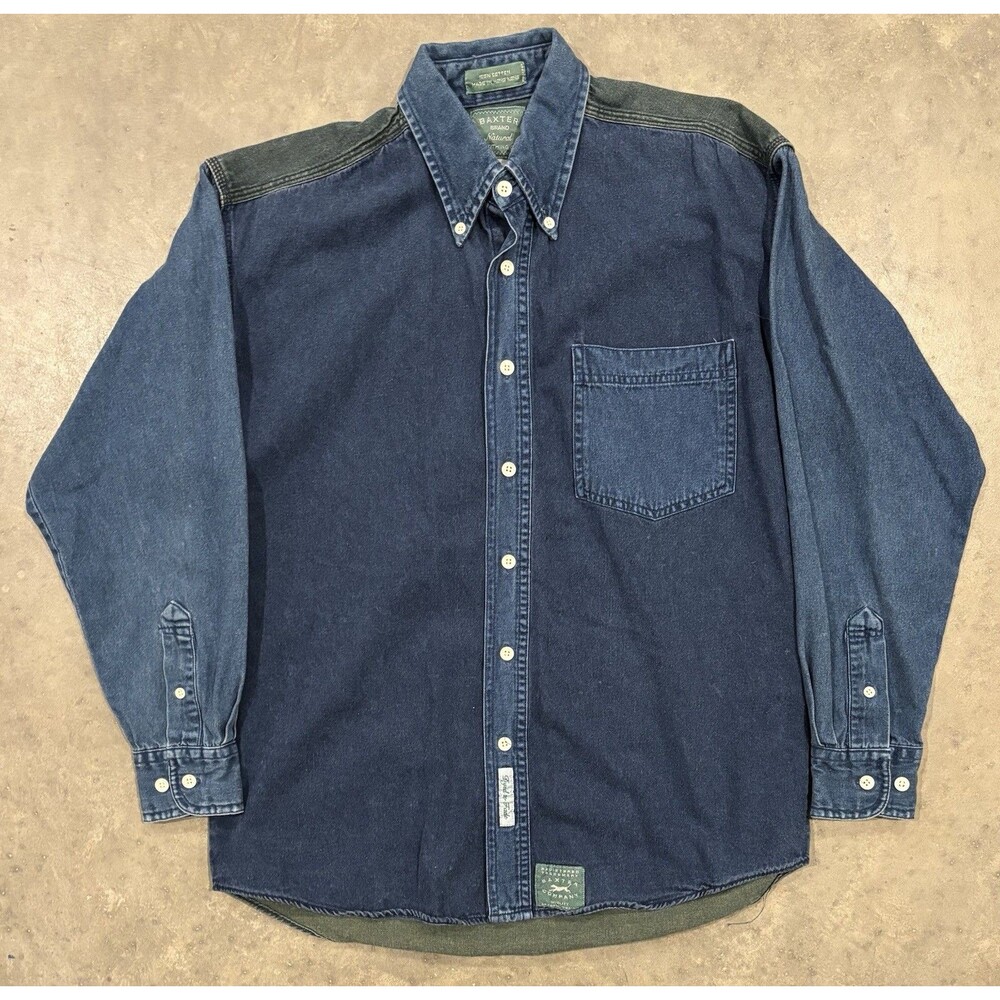 Vintage Baxter Brand Denim Work Shirt Color Block Chambray 90s Mens Small